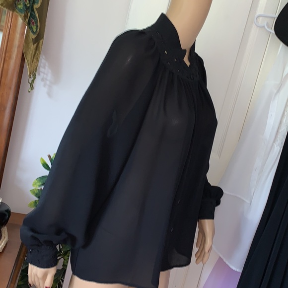 Vtg black mandarin collar eyelet trim France button down Secretary blouse M - Picture 12 of 15